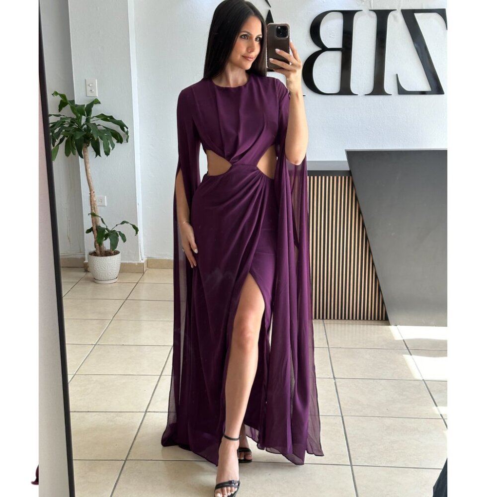 NEW Eggplant Purple Midriff Cut-Out Flowing Butterfly Sleeve Maxi Dress Gown - Picture 3 of 4